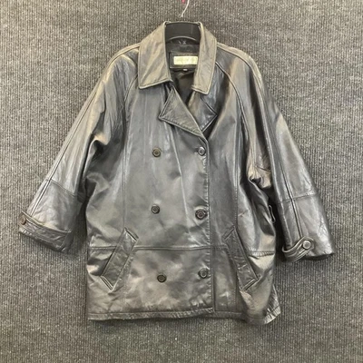 Jones New York Leather Jacket Womens Large Black Double Breasted Peacoat Raglan - Image 1 of 4