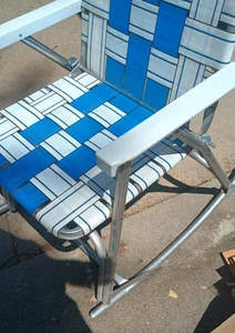 Vintage Aluminum Lawn Chair - ROCKING CHAIR Foldable Webbed Blue White - Picture 1 of 4