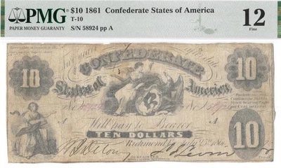 T-10 Variedad Rara R10! Billete de 10 dólares de la Guerra Civil Confederada PF-15 1861 - PMG Fine 12 Foto 1 de 4