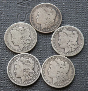 Morgan Silber Dollar verschiedene Datierungen und Prägestätten (5) Münzen, durchschnittliche Erhaltung - Bild 1 von 2
