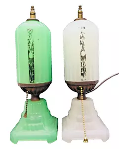 Pair of Art Deco Houze Houzex Lamps Skyscraper Torpedo Jade Green & White - Picture 1 of 11