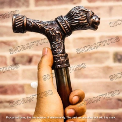 Bastón victoriano plegable de madera con mango de Rey León coleccionable para hombre. Foto 1 de 4