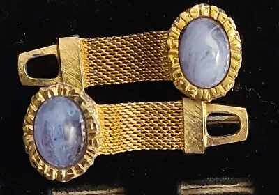 Gemelos Hickok EE. UU. Tono Dorado Malla Metal Azul Lucite Cabujón MCM Foto 1 de 4