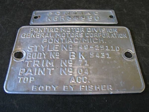 1949 49 PONTIAC 2 DOOR SEDAN CHIEFTAIN COWL DATA BODY TAG TRIM CODE PLATE - Picture 1 of 3