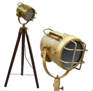 Antique Style Floor Lamp Vintage Style Wooden Tripod Searchlight Lamp Marine - Picture 1 of 1