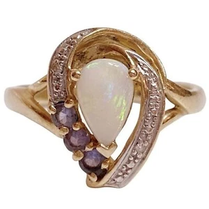 Women's 10K 10KT FINE Yellow Gold Tanzanite Teardrop Opal Ring Size 7 - Picture 1 of 8