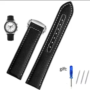 Leather Nylon Watch Strap 20mm Black White For Omega AquaTerra Speedmaster - Picture 1 of 6