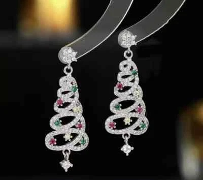 Conjunto de Pendientes Plateados Brillantes Árbol de Navidad Mujer Colgante Regalo Festivo Foto 1 de 4
