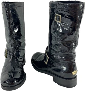 JIMMY CHOO Black Patent Leather Shearling Buckle Mid Calf Boots 37.5 - 7.5 US - Picture 1 of 9