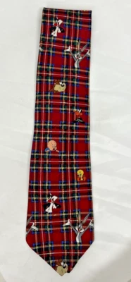 VTG NWOT Looney Tunes Mania Men's Necktie 1993 Burgandy Poly Bugs Bunny Plaid - Image 1 of 4