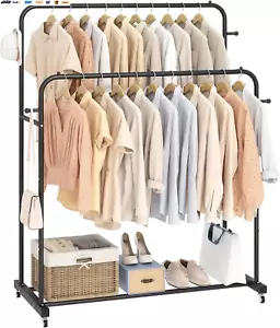 Double Rods Garment Rack with Wheels, Clothing Rack for Hanging Clothes,4 Hooks, - Picture 1 of 9