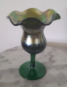 Dugan Compote Vase Green Iridized Carnival Glass Footed Vase - Picture 1 of 2