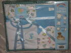 7 pc Layette Set Baby Animals Blue Cap Mittens Bib One Pc Washcloths Brush NEW!
