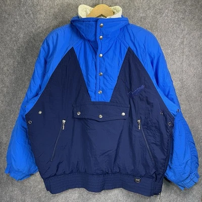 Vintage Rodeo Skijacke Herren 40 blau gesmokte Fronttasche wattiert Kapuze 1/2 Reißverschluss - Bild 1 von 4