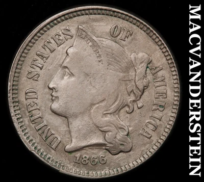 1866 Three Cent Nickel - Flat Strike - Almost Uncirculated  No Reserve  #F5121 - Image 1 of 2