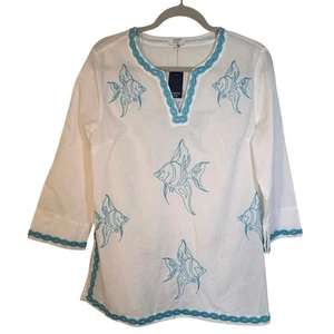 Crown & Ivy Damen Gr. L Fisch bestickt Borte weiß Bluse Tunika Top Neu mit Etikett - Bild 1 von 11