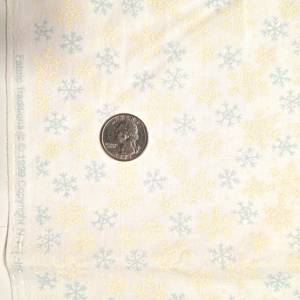 VTG Grey Gold Snowflakes On White Christmas Cotton Fabric Traditions 3 YDS x 45" - Image 1 of 4