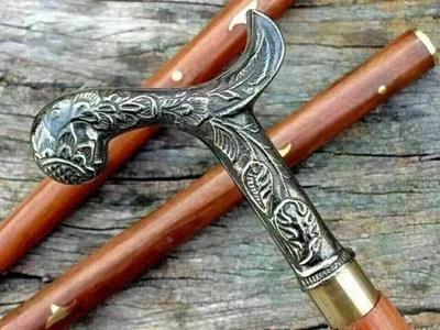 36'' Antique Brass Designer Head Handle Vintage Wooden Walking Stick Cane Gift - Image 1 of 4