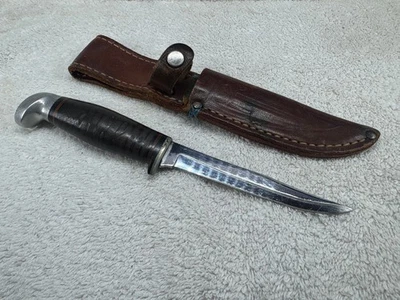 Cuchillo de caza estuche vintage, mango de cuero apilado Foto 1 de 4