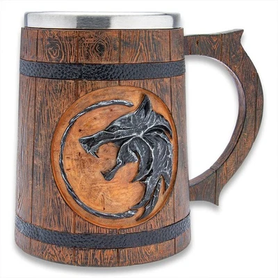 Wolf Medallion Mug | Cold Cast Resin with Stainless Steel Liner | Intricate Wolf - Image 1 of 4