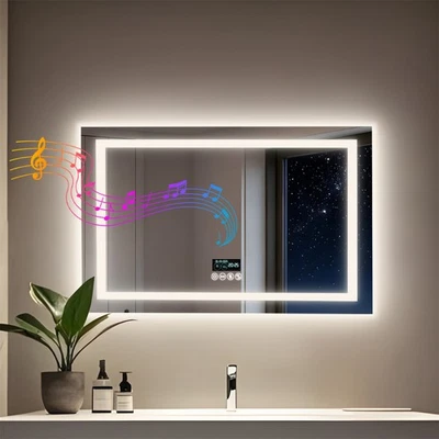 Moderner LED Badspiegel mit Touch Beleuchtung Bluetooth Uhr Dimmbar Antibeschlag - Bild 1 von 4
