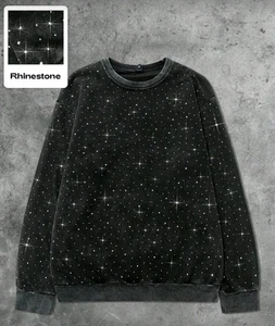 Neu Herren Luxus Diamant Strass gewaschen Stil schwarz Sweatshirt hochwertig - Bild 1 von 6