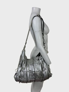 Silver Fringe Leather Shoulder Bag Studded Chains Zip Fastening Y2K Messenger - Picture 1 of 8
