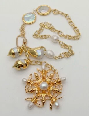 Cultivado Blanco Perla Keshi Chapado en Oro Collar Perla Insecto Colgante 18" Foto 1 de 4