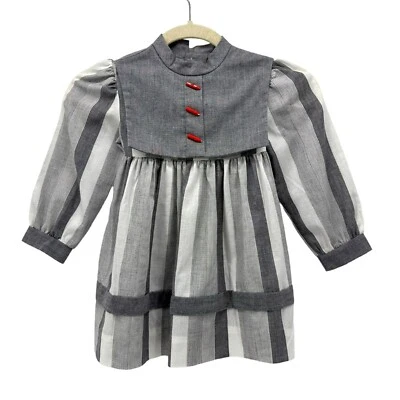 Vintage Nanette Striped Gray White Pencil Buttons Dress Girls 4 - Image 1 of 4