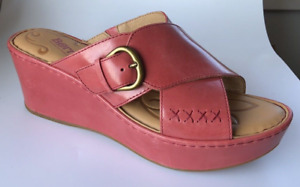 Born Women's CURSTYN Wedge Sandal Size 10 Platform Coral Red Leather Slide Shoe
