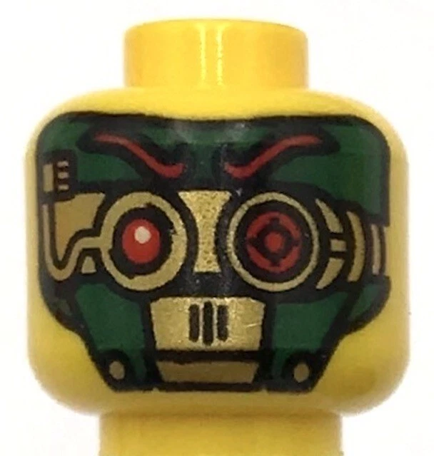 Lego New Yellow Minifigure Head Dual Sided Female Green and Gold Robot Red Eyes - Image 1 of 1