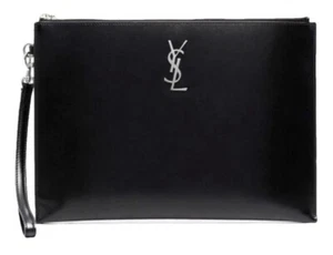 NUOVA POCHETTE POCHETTE SAINT LAURENT GRANDE PELLE NERA CON ZIP DA POLSO! - Foto 1 di 11