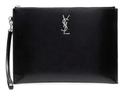 NEW SAINT LAURENT LARGE BLACK LEATHER ZIP WRISTLET CLUTCH BAG POUCH BOX! - Image 1 of 4