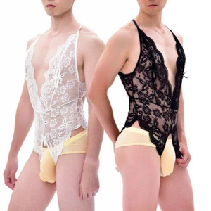 Sheer Men Lace Bodysuit Bodycon Jumpsuits Tights Leotard Sexy Lingerie Gay Thong - Picture 1 of 16