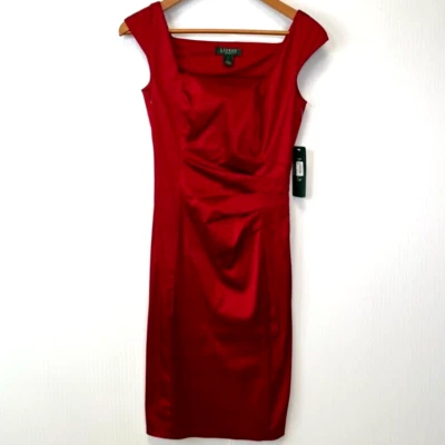 Lauren Ralph Lauren Dress Women Ruched Holiday Lake Red Pleat Work Party Core Ne - Image 1 of 4