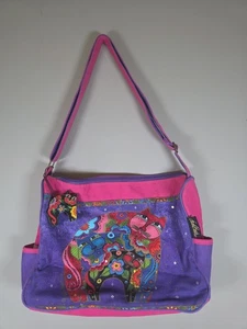 Laurel Burch Bag 3  Cats Arched Backs Stacked Flowers Purple & Pink  - Picture 1 of 12