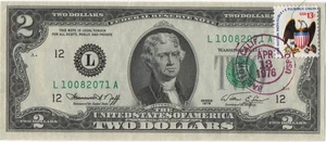 UNC $2 BILL - WITH STAMP CANCELLED ON FIRST DAY OF ISSUE - BARSTOW, CA - READ - Picture 1 of 2
