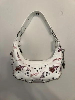 Ed Hardy Skull Rose Heart Print Purse Shoulder Bag Y2K White Red Gunmetal NEW - Image 1 of 4
