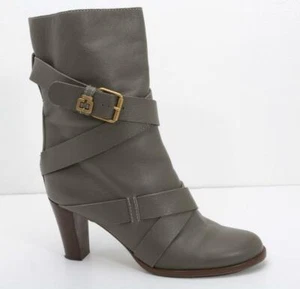 CHLOE Womens Taupe Leather Buckle Round-Toe Block High Heel Mid-Calf Boots 11-41 - Picture 1 of 8