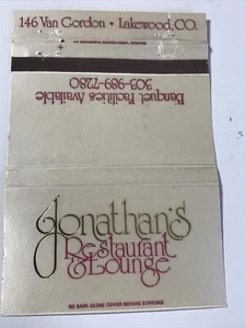 Vintage Jonathan’s Restaurant & Lounge Lakewood CO Streichholzschachtel Cover 1970er Werbung - Bild 1 von 3
