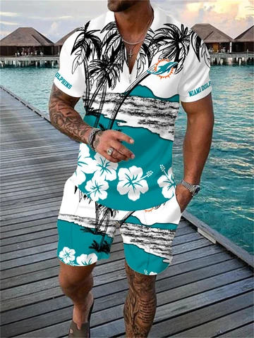 Miami Dolphins 2 Piece Hawaiian Shirts Beach Shorts Set Casual Zip up Shirts Cover