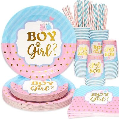 Gender Reveal Decorations 125 Pcs Plates Napkins Cups Baby Shower Birthday - Image 1 of 4