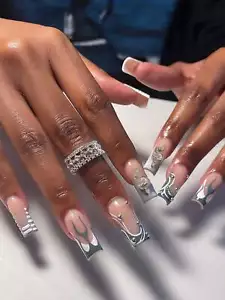 24pcs/set Silver-color French Rhinestone & Snake Design Long False Nails - Picture 1 of 6