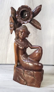 Vintage Wood Carved Asian Woman Native Kneeling Woman Nude Pose Wood Statue - Picture 1 of 20