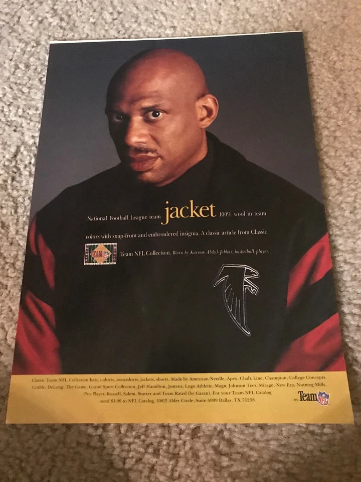 CHAQUETA DE LANA ATLANTA FALCONS TEAM NFL STARTER Póster Impresión Anuncio KAREEM ABDUL JABBAR Foto 1 de 1