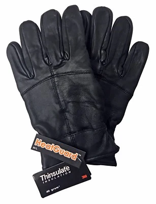 Mens Black Thinsulate Insulated Fleece Lined Winter Warm Thermal Leather Gloves - Image 1 of 4