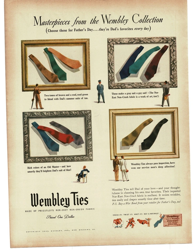 1943 Wembley Neckties Nor-East Tie solid color art Vintage Print Ad - Image 1 of 1