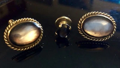 Vintage gold filled cufflinks DESTINO Grey Stone Rare W/ Bonus Matching Tie Pin - Image 1 of 4