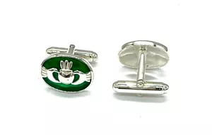 925 Sterling Silver Green Irish Claddagh Heart Bullet Back T-Bar Cufflinks - Picture 1 of 2