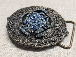 vintage SOLID BRASS belt buckle WESTERN rhinestone studded BRUTALIST hippie boho - Picture 1 of 7